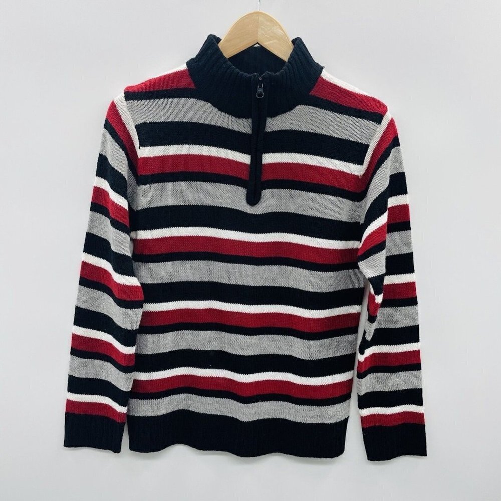 X Label Youth Boys Size Large 12/14 Striped Mock Neck 1/4 Zip Sweater Black 2290